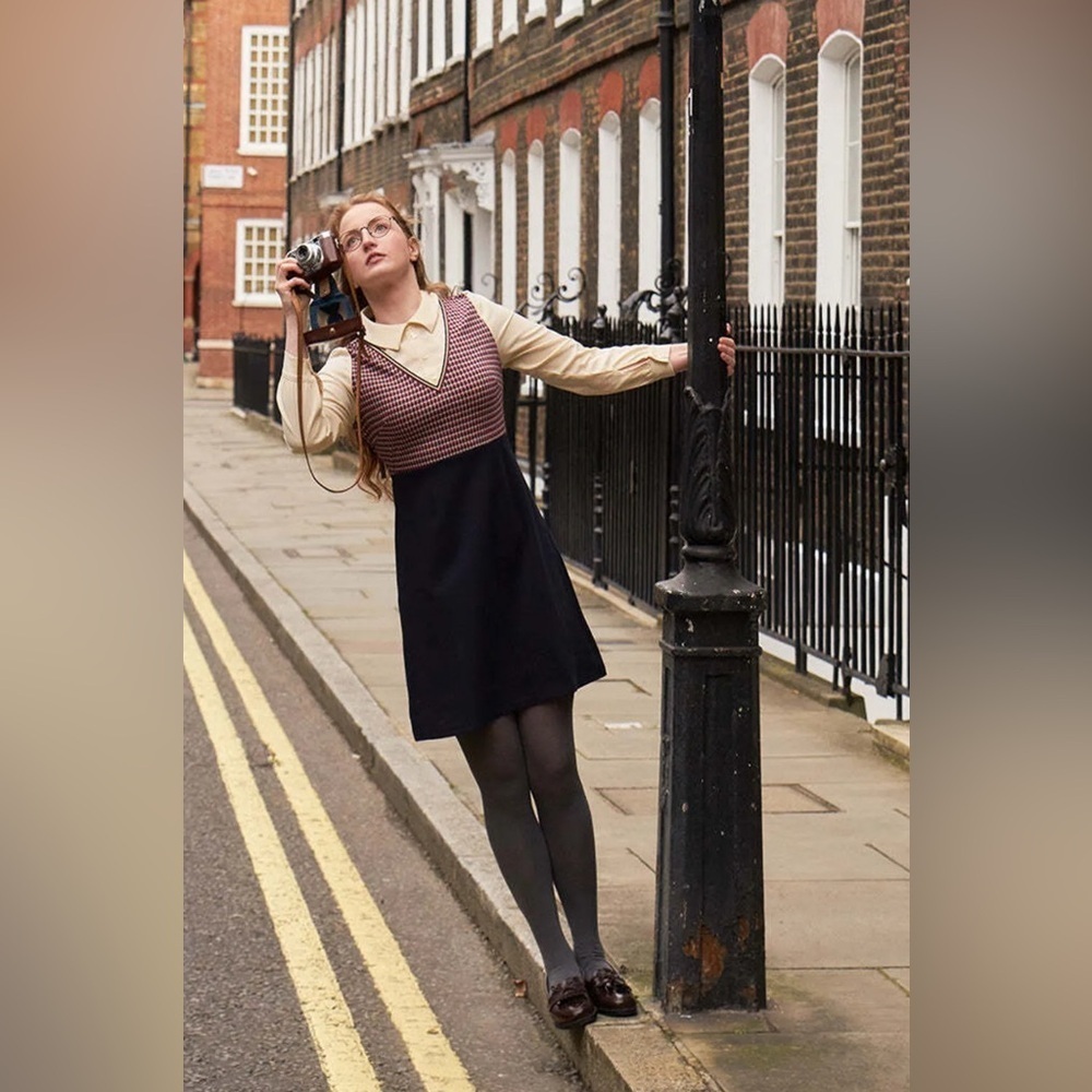 Miss Patina 60s Style Mock Cardigan Dress Long Sleeve Red Navy Houndstooth
